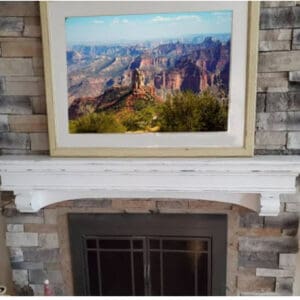 White arch mantle, arch mantle with corbels, distressed white mantle